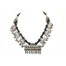 Old Silver Necklace Vintage Jewelry India Tribal Color Crystal Black Thread A419